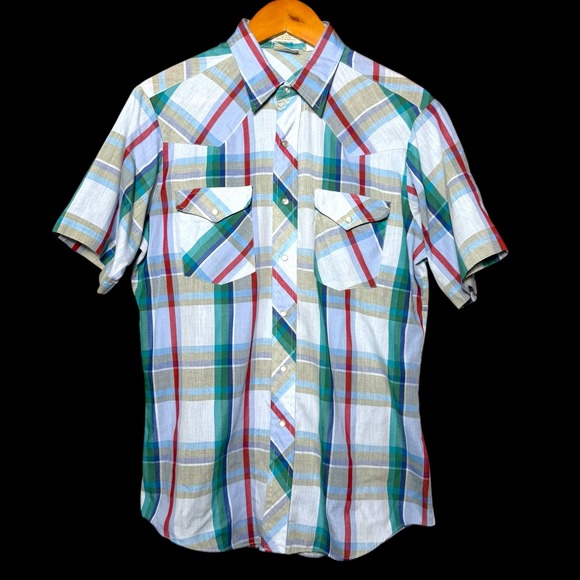 VTG Lee Western Shirt Size Large Plaid Short Sleeve Pearl Snap Cowboy Rodeo - Picture 1 of 8